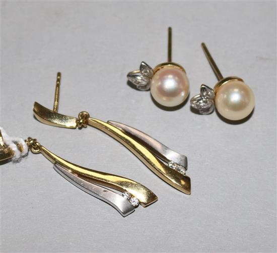 A pair of 18ct white and yellow gold and diamond tassel earrings and a pair of 18ct gold pearl and diamond stud earrings